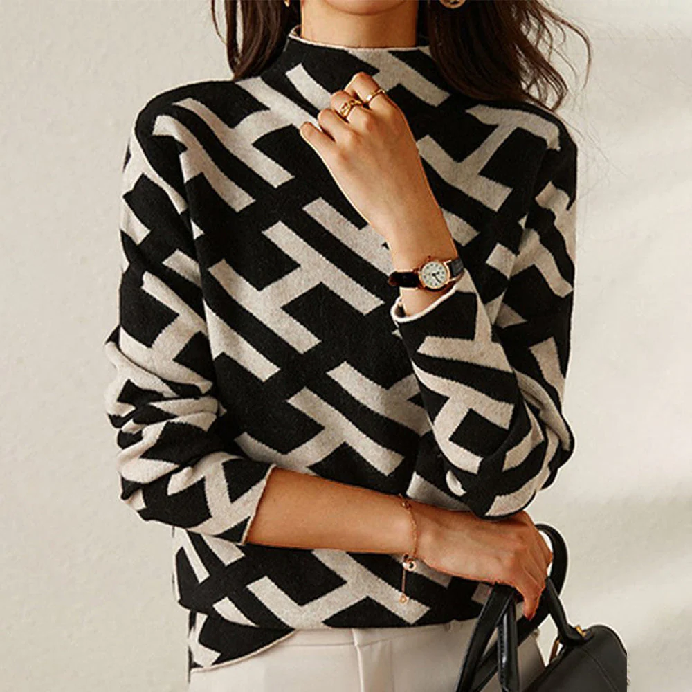 Pull Graphique à Col Montant | Noir & Blanc | Élégance Moderne