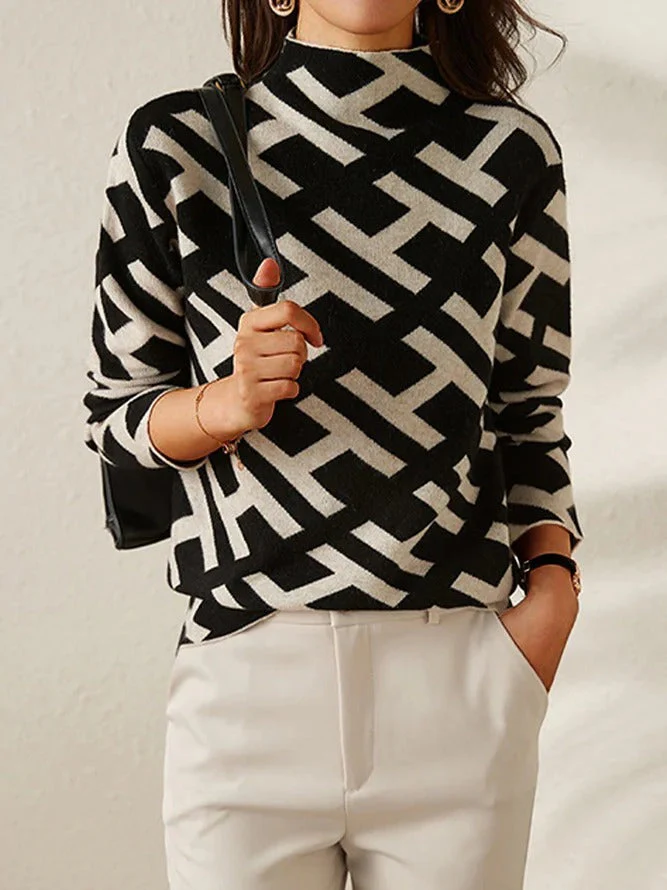 Pull Graphique à Col Montant | Noir & Blanc | Élégance Moderne – Image 2